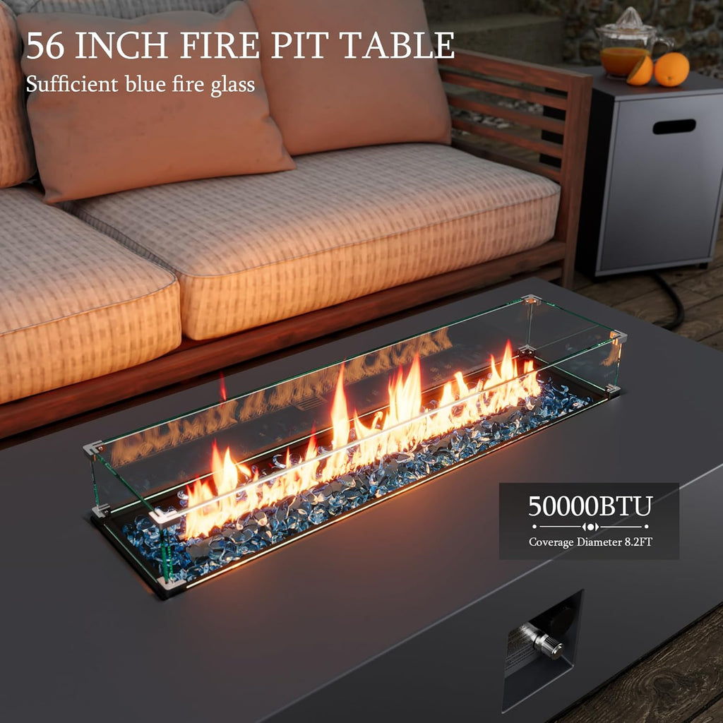 56-inch Outdoor Propane Gas Fire Pit Table 50000 BTU Iron Rectangle Firepit for Outside Patio with Tank Hidden Table