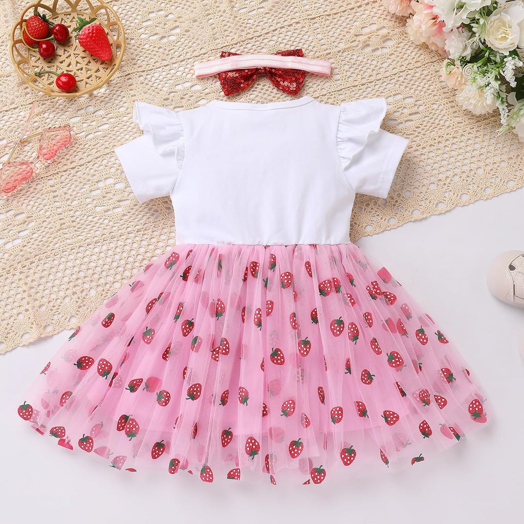 Baby Girl First Birthday Cake Smash Outfit Short Sleeve Tulle Tutu Princess Dress with Bowknot Headband Set