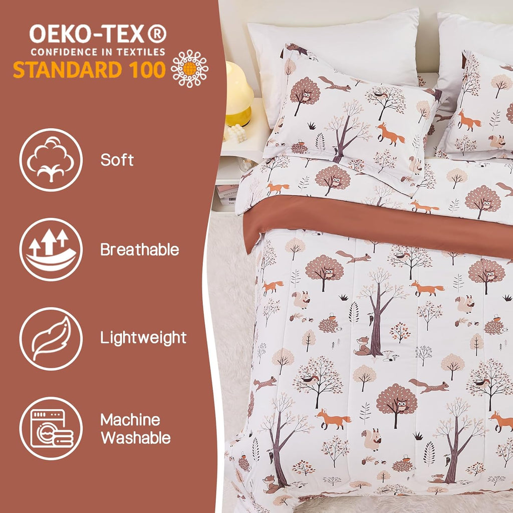 Kids Comforter Set for Boys Girls Full, Cute Quilted Woodland Forest Animal Print Fall Bedding with Pillow Sham