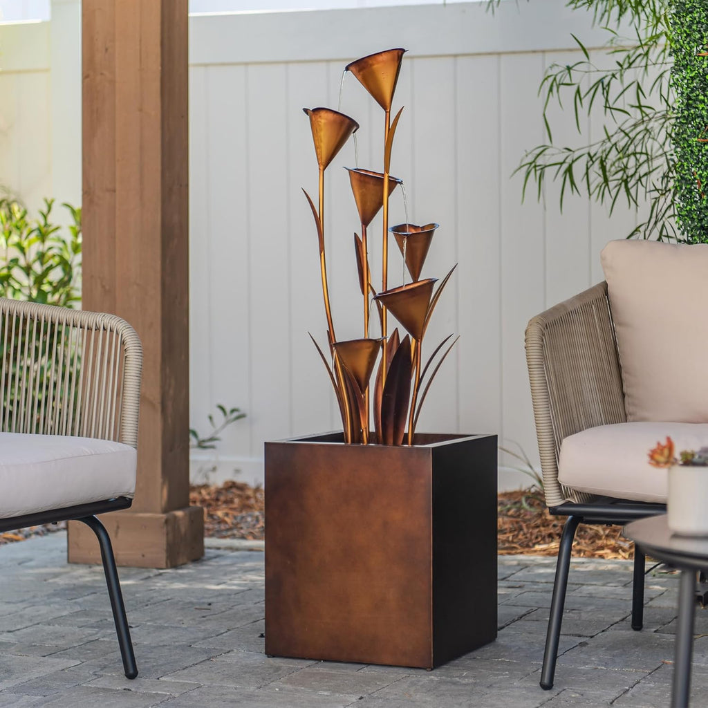 46-Inch Sculptural Metal Multi-Tier Flower Water Fountain, Bronze