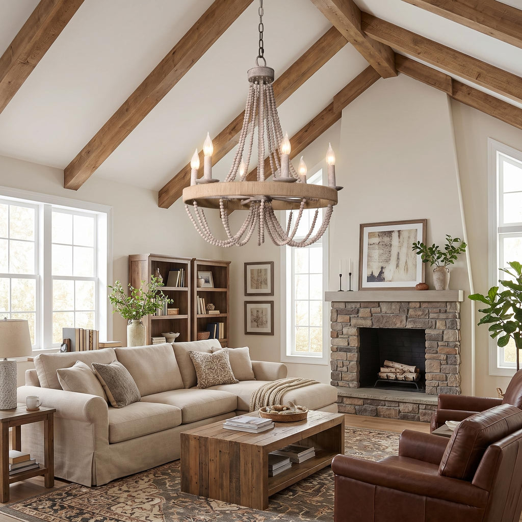 Farmhouse Chandelier 6-Light Wood Bead Rustic Ceiling Light