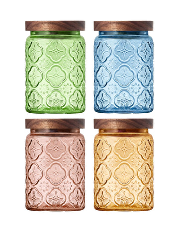 Glass Jars with Airtight Wood Lids - 4 PC 24 OZ Vintage Storage Canisters Set Pantry Bathroom, Decorative Beautiful
