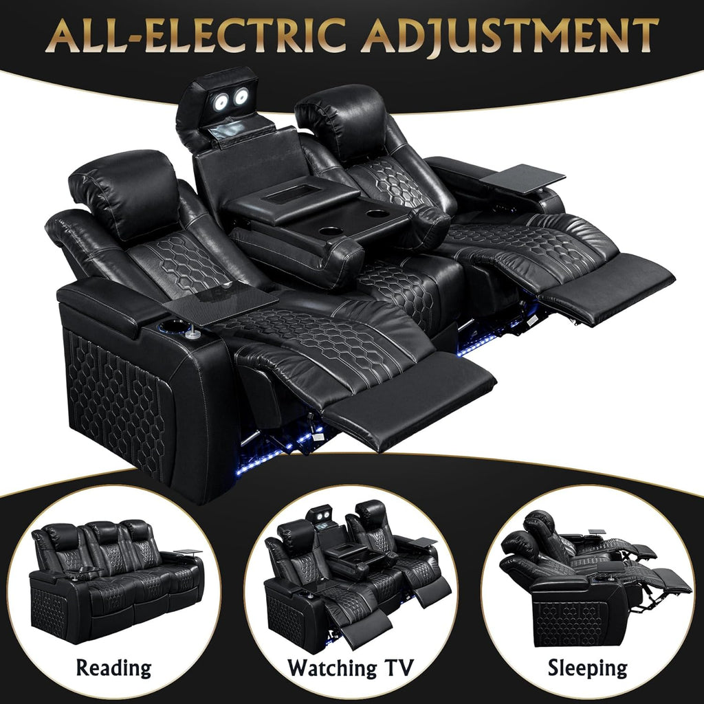 Home Theater Seating, Living Room, Powered Headrest, Powered Lumbar, Italian Leather, Powered Recline (Black