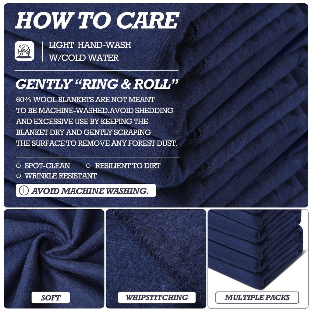 3 Pieces Wool Camping Blanket Fire Retardant Emergency, Navy