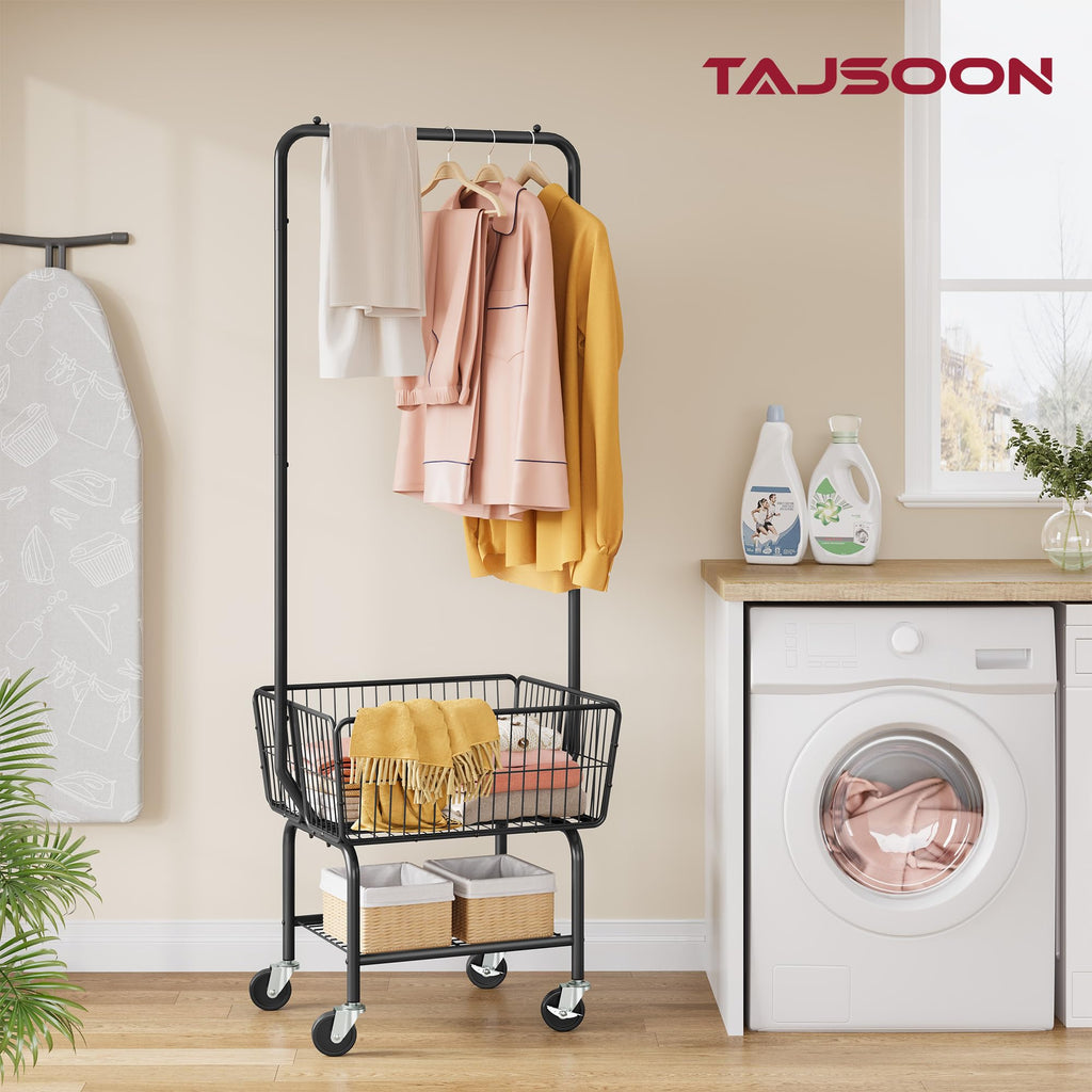 Rolling Laundry Cart with Hanging Rack & Laundry Basket, Black