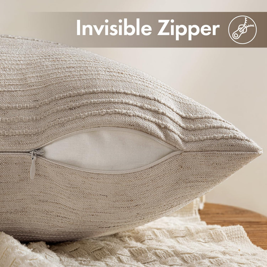 Decorative Striped Throw Pillow Covers 22x22 in Natural Linen 2 Pack