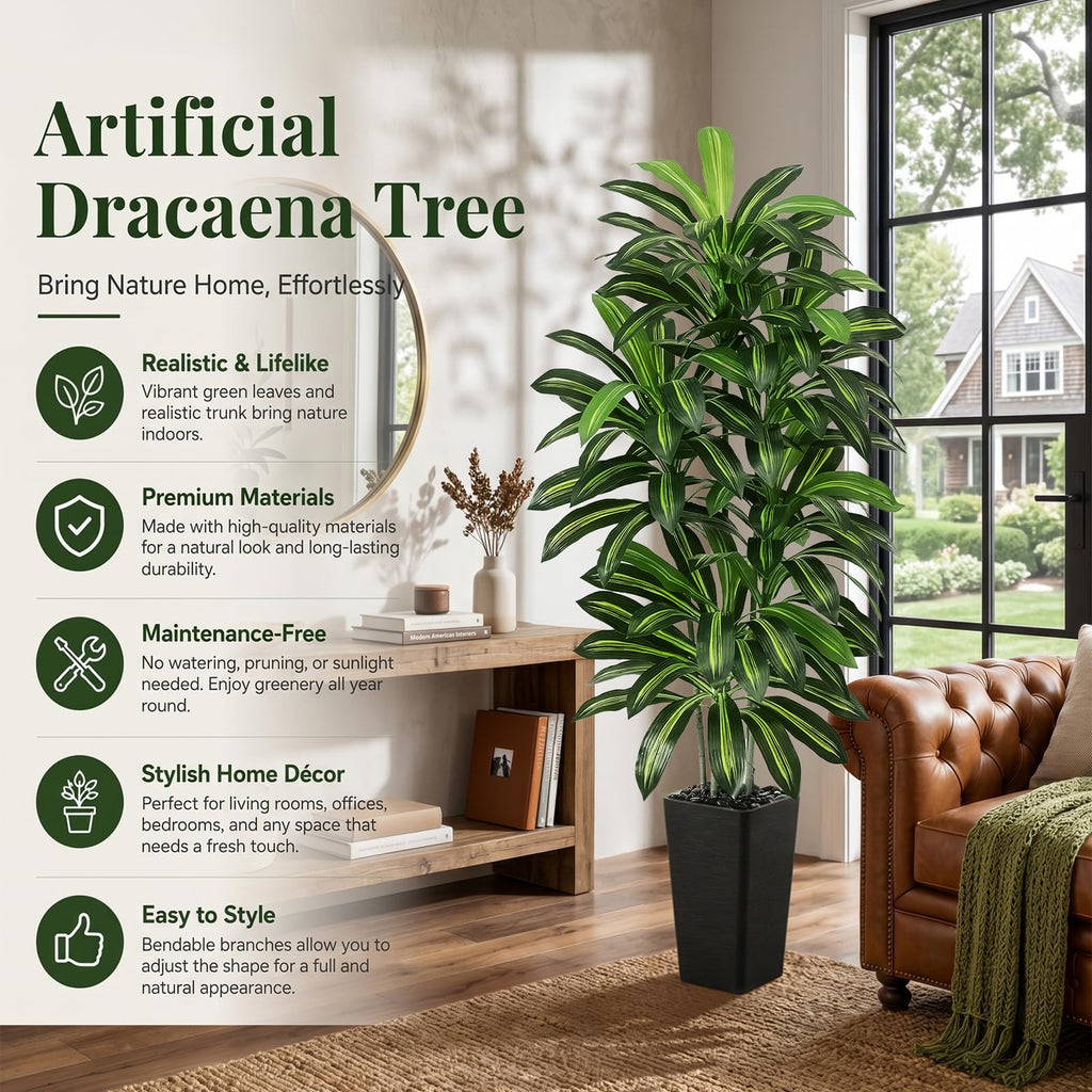 Artificial Dracaena Tree 6FT / Black Planter, Tall Plants Indoor