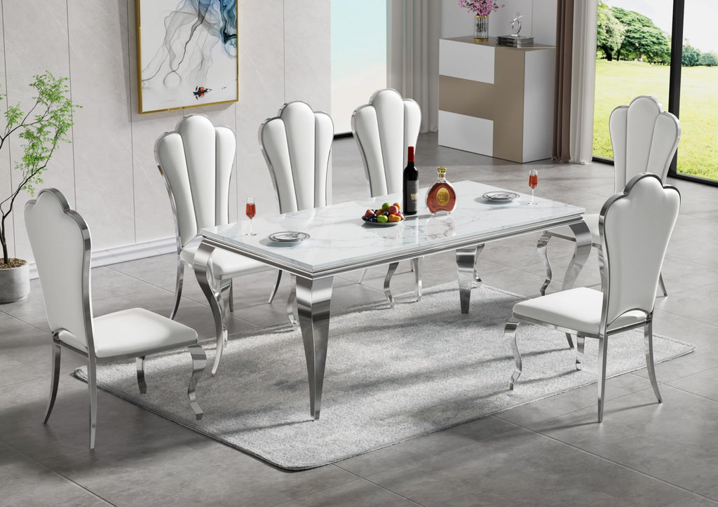 Modern Dining Table for 6-8, 68 Inch White Marble Kitchen Table with Silver Mirrored Cabriole Legs, Luxurious