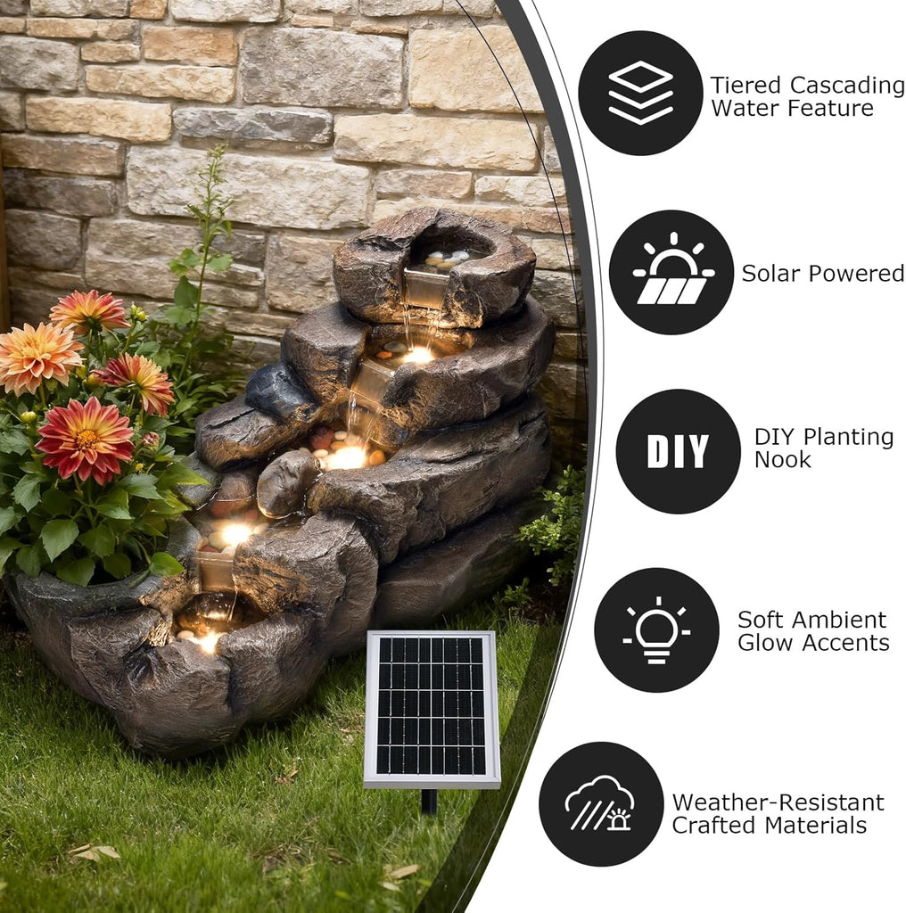 38.2" L Solar Water Fountain Outdoor,5-Tier Rock Waterfall Fountains Solar Powered Floor Standing Outdoor Water