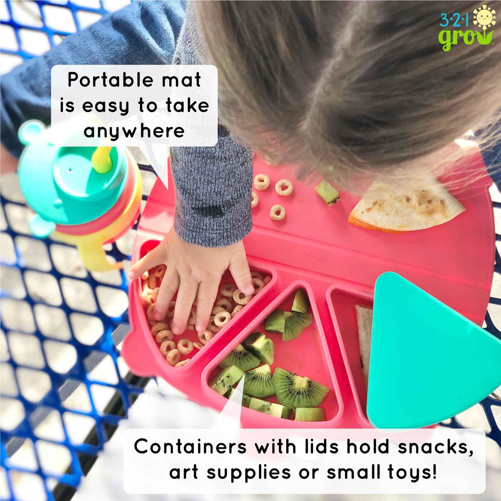 Silicone On-The-Go Snack Mat - Foldable Reusable Placemat with 3 Compartments and Lids - Travel-Friendly Baby and