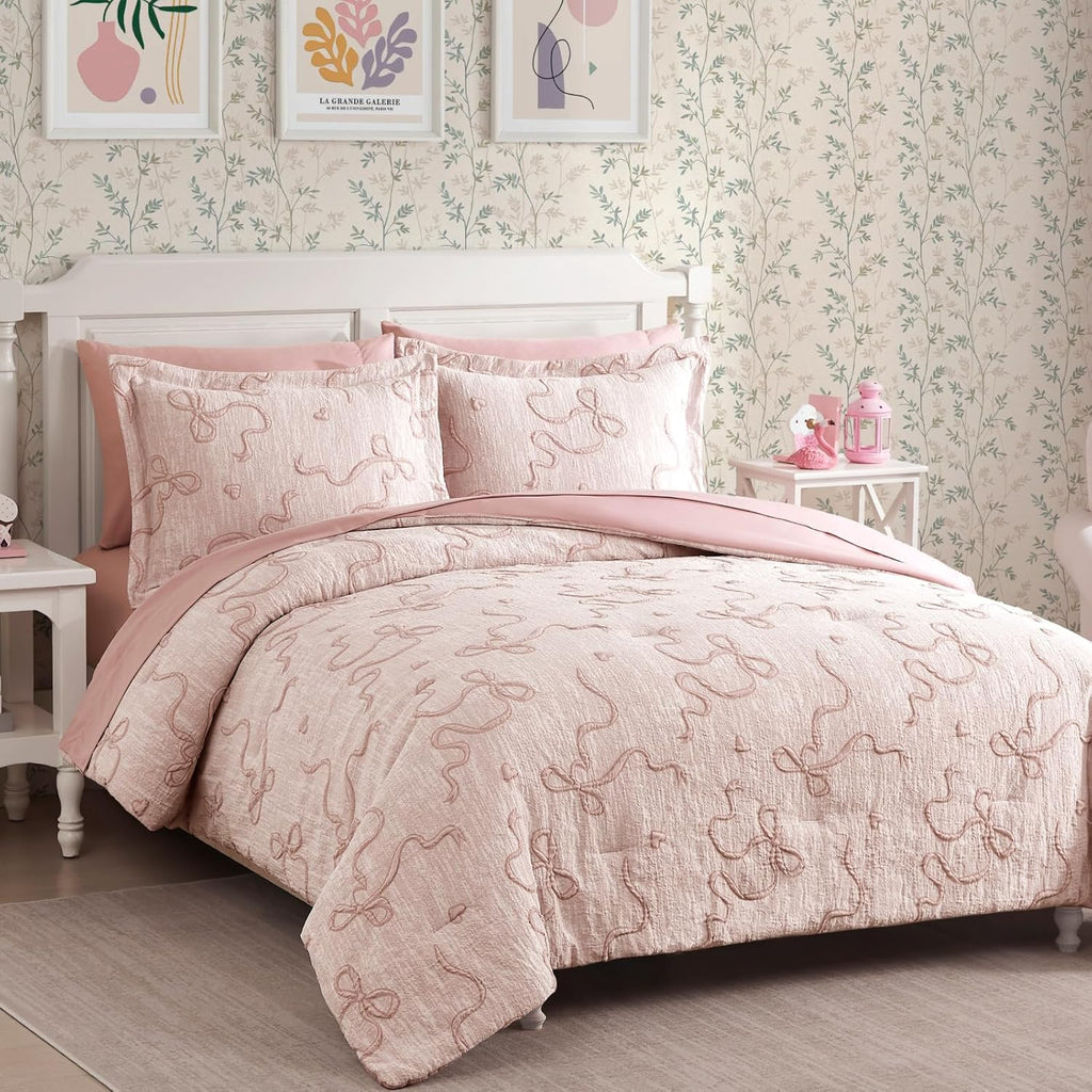 Pink Twin Comforter Set for Girls- 5 Pieces Bowknot Jacquard Bed in A Bag Twin Bedding Sets with Sheets, Pillowcases