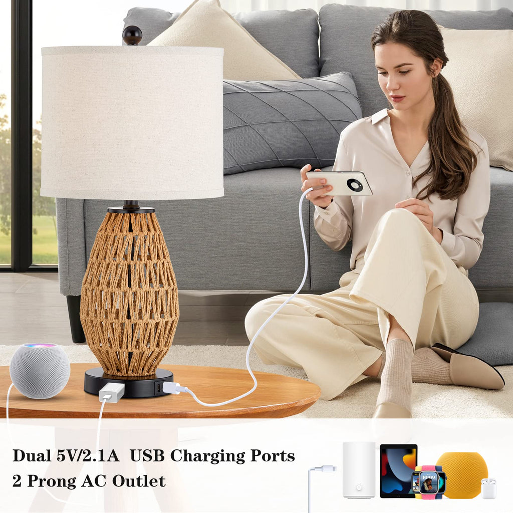 Touch Control Rattan Table Lamp, 3 Way Dimmable Bedside Lamp with 2 USB Ports and AC Outlet, Wicker Nightstand Lamps