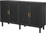 4 Door Sideboard Buffet Cabinet, Kitchen Storage Buffet with Black Painted Rattan Decorated Doors