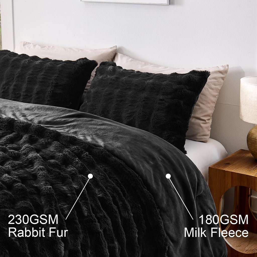 Fluffy Comforter Set Black Soft & Fuzzy Faux Fur Comforter Luxury Lightweight Plush Bedding Set All Season