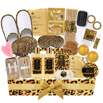 Mother's Day Gifts for Mom, 33 Pcs XXL Leopard Bath and Body Gifts Basket Set for Women, Hydrating Skin Care Set