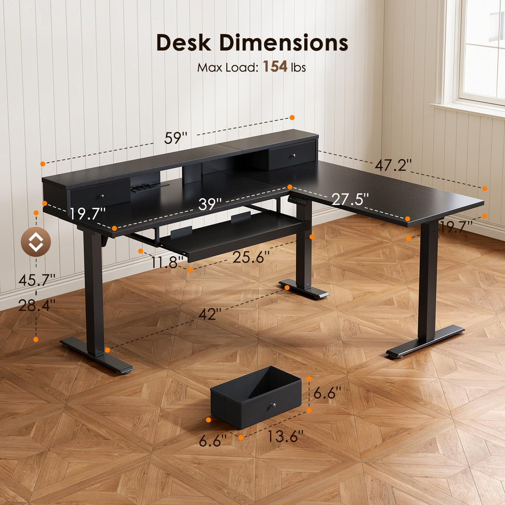 59 Inch L Shaped Electric Standing Desk with Drawers, Black