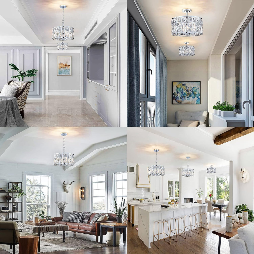 Farmhouse Crystal Convertible Chandelier and Semi Flush Mount Lighting Chrome Cylinder Drum Shade Pendant for Kitchen