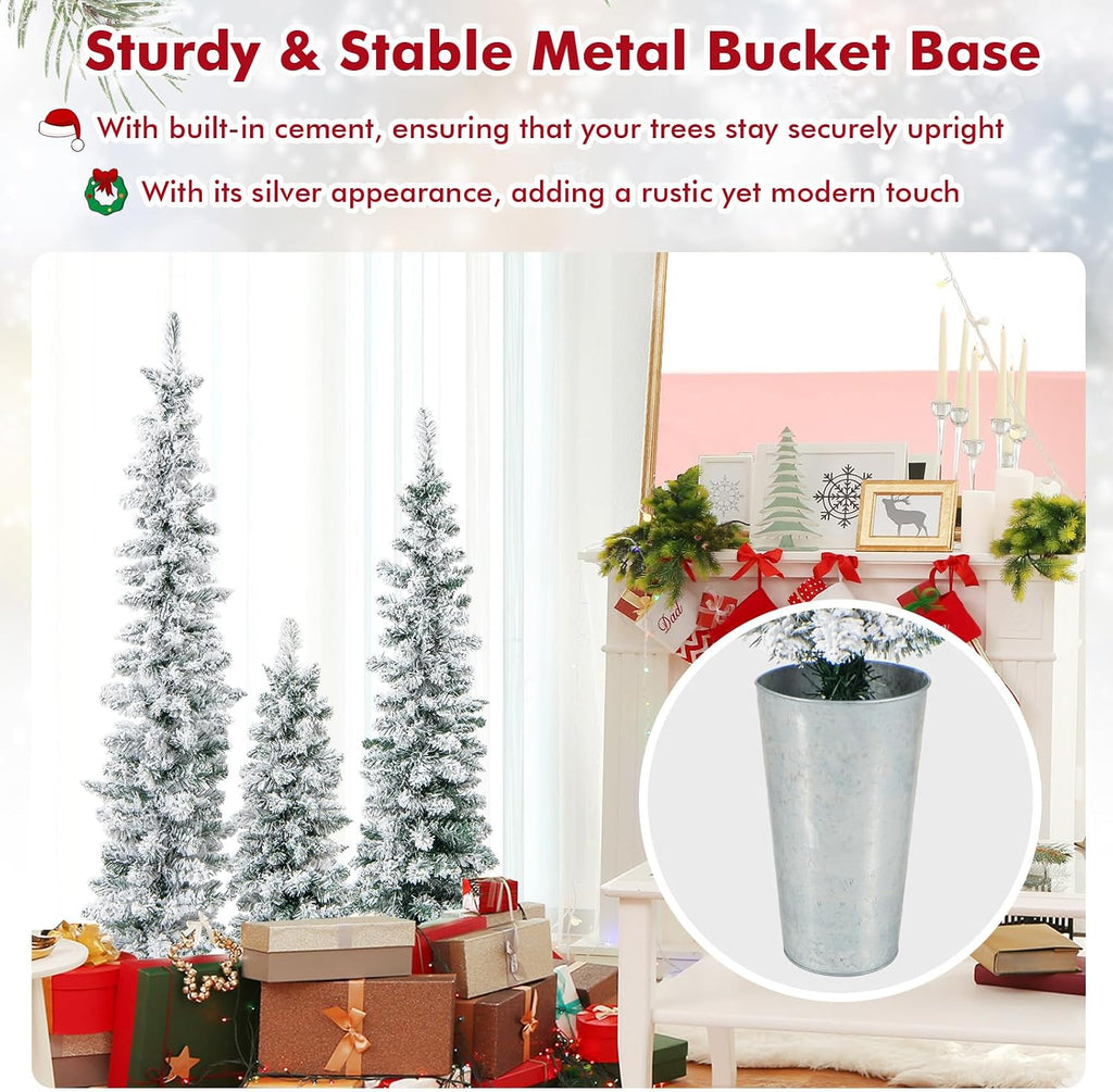 Set of 3 Artificial Snow Flocked Christmas Tree, 3' 4' 5' Slim Pencil Xmas Tree with Silver Metal Buckets, Faux