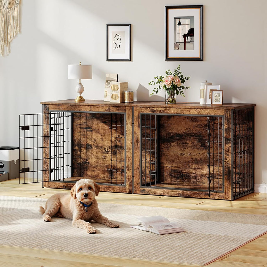Dog Crate Furniture for 2 Dogs, Large Double Dog Crate Furniture with Divider, Wooden Indoor Kennel TV Stand