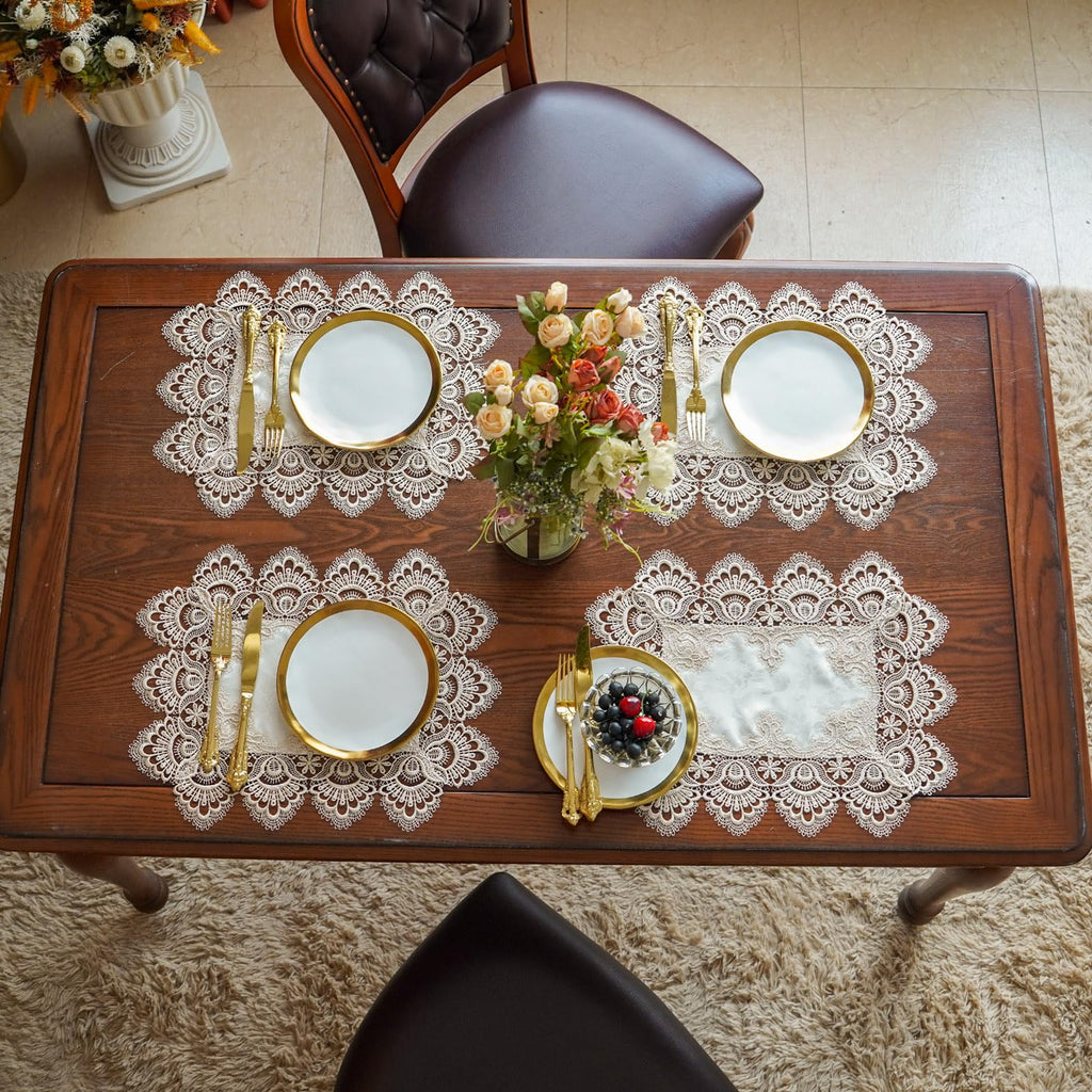 Light Brown Lace Doily Placemat Rectangle Mat 12 x 18 Inch 4 Pcs