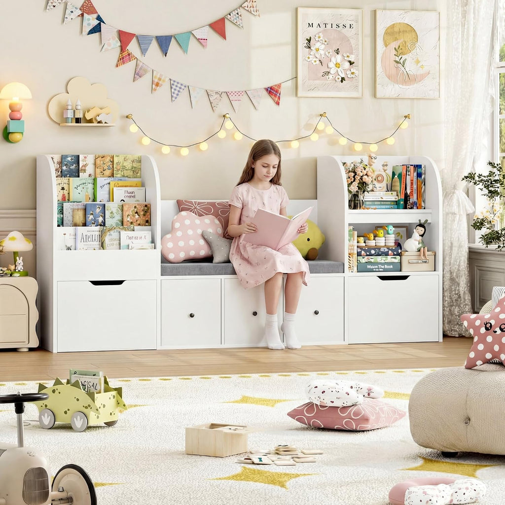 Kids Bookshelf with Reading Nook, Toy Organizer with Seat Cushion | 71'' Kids Bookshelf with 2 Movable Drawers and 3