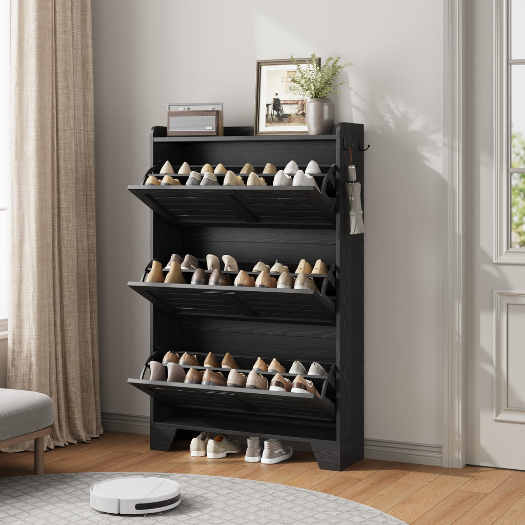Shoe Cabinet Storage, Slim Shoe Storage Cabinet with 3 Flip Drawers, Freestanding Hidden Narrow Shoe Organizer