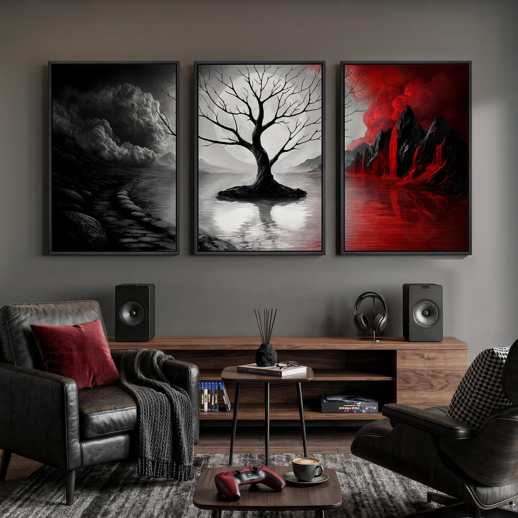 Large Framed Red and Black White Tree Wall Art, 24x36 Inch