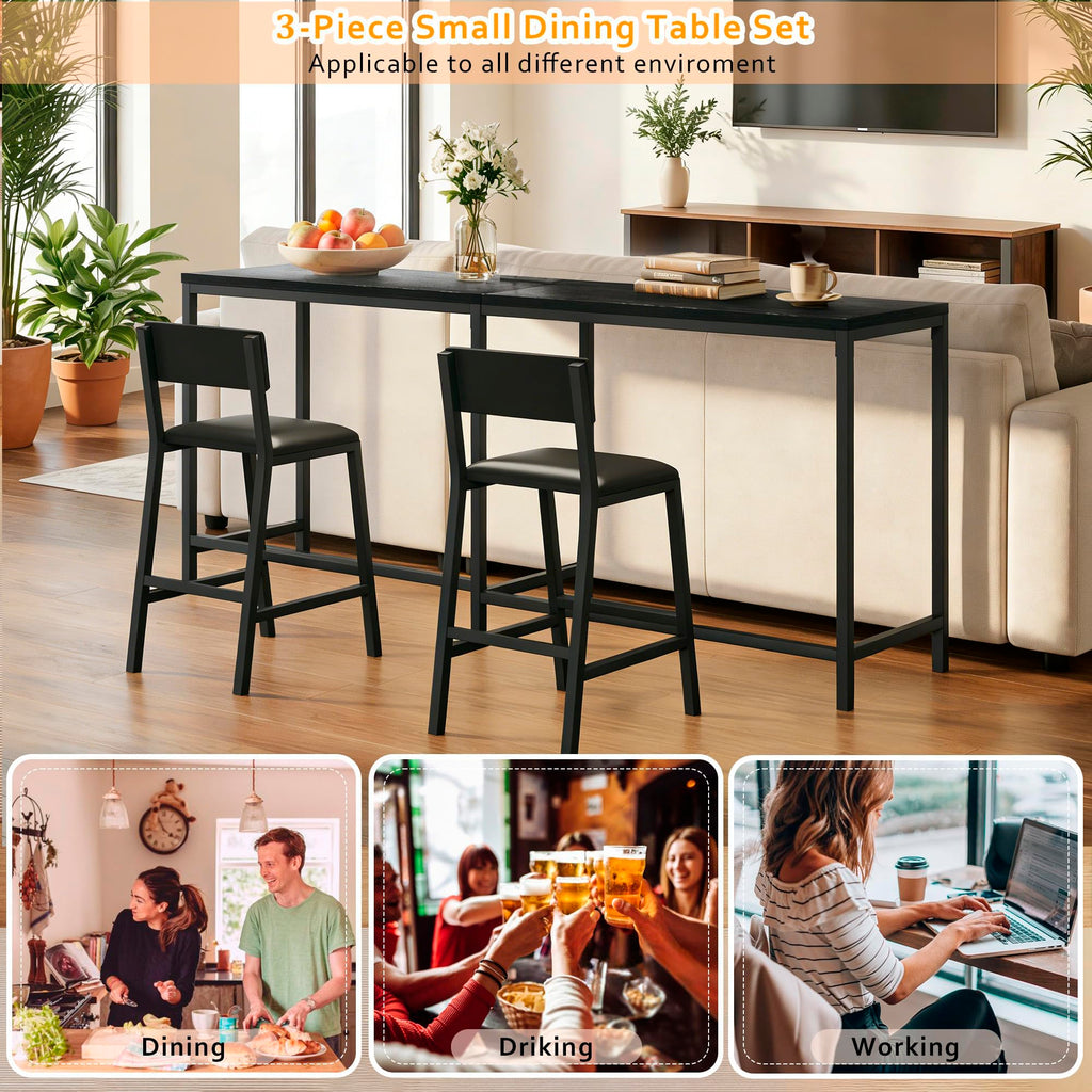 Bar Table and Chairs Set, 3 Piece Convertible L-Shaped Kitchen Table with 2 PU Leather Bar Stools, 63'' Counter