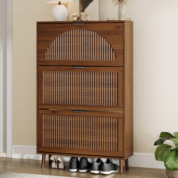 Fluted Shoe Cabinet with 3 Flip Drawers, Narrow Wood Shoe Storage Cabinet Slim Shoe Rack, Freestanding Shoe Cabinet