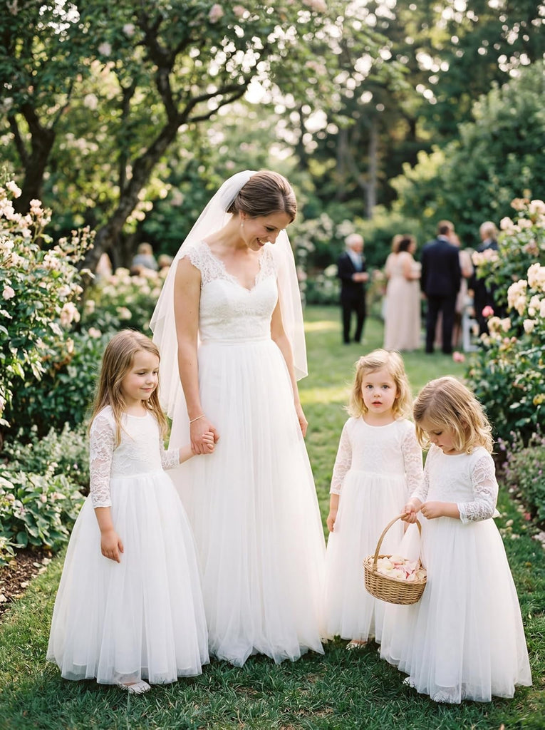 Flower Girl Dress Long Sleeve First Communion Dress Lace/Tulle Toddler Dresses for Wedding Bridesmaid Garden Party