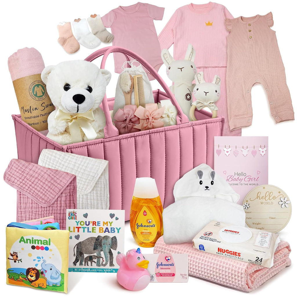 Premium New Baby Girl Gift Basket | Newborn Essentials Care Package in Diaper Caddy Organizer | Plush Toy, Baby