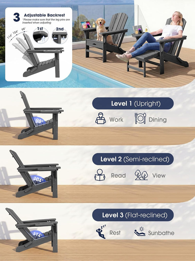 Folding Adjustable Adirondack Chair with Ottoman & 2 Cup Holders Set of 2, HDPE Adirondack Recliner Chair with