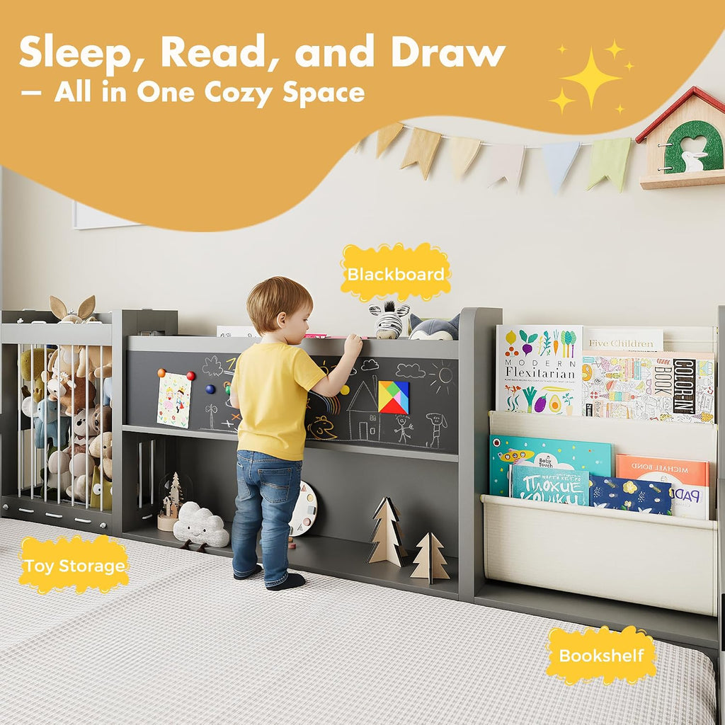 Montessori Wood Toddler Floor Bed with Blackboard & Bookshelf (Gray )