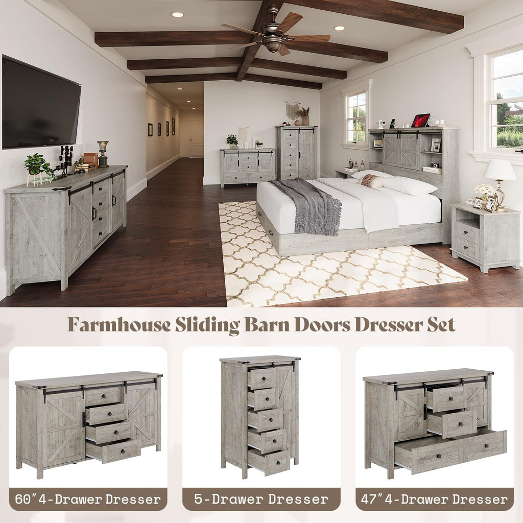 60" Farmhouse 4-Drawer with Barn Doors, Light Rustic Oak