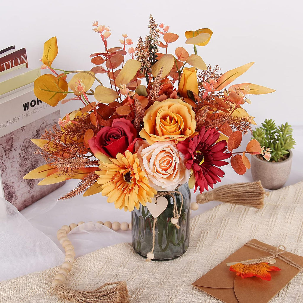 Fall Artificial Flowers in Vase, Fall Orange Rose Centerpiece
