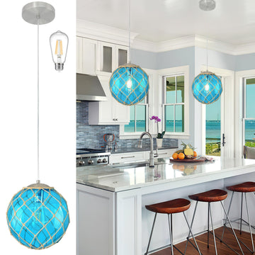 10" Blue Coastal Pendant Light Kitchen Island, Glass Globe Ocean Ceiling Light Fixture Beach House, Dimmable Hemp Rope