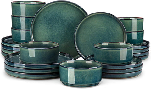 Starry Plates and Bowls Sets for 8, 24 Pieces Green Dinnerware SetsModern Stoneware Dishes Set