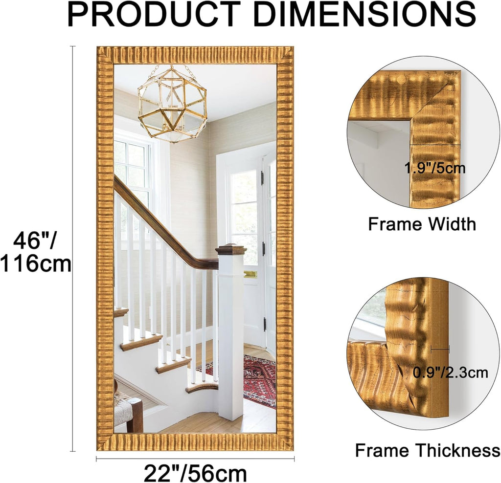 22" x 46" Decorative Wall Mirror Decor, Large Gold Mirror with 3D Wave Wood Carved Frame, Unique Rectangle Wall Decor