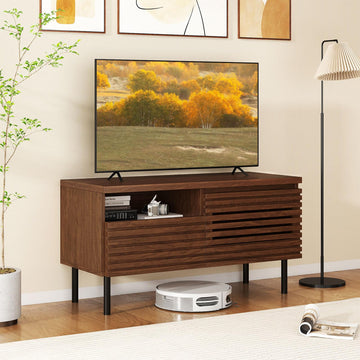 Mid Century Modern TV Stand for 40 Inch TV, Fluted Entertainment Center with Cabinet, Drawer, Open Compartment, Small