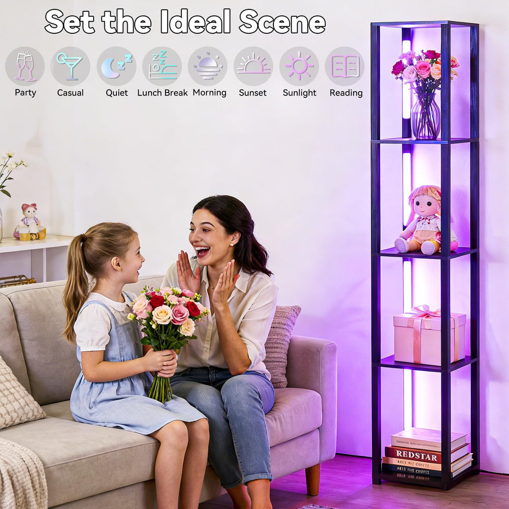 Floor Lamp, LED Smart Modern Floor Lamp with Music Sync, Color Changing Corner Display Shelf Lamp, Square Standing