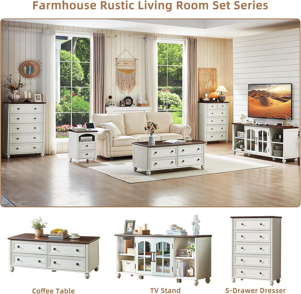 48" Farmhouse Coffee Table with Hidden Storage,Wooden Coffee Tables with 4 Drawers & Roman Column Handle,Rectangular