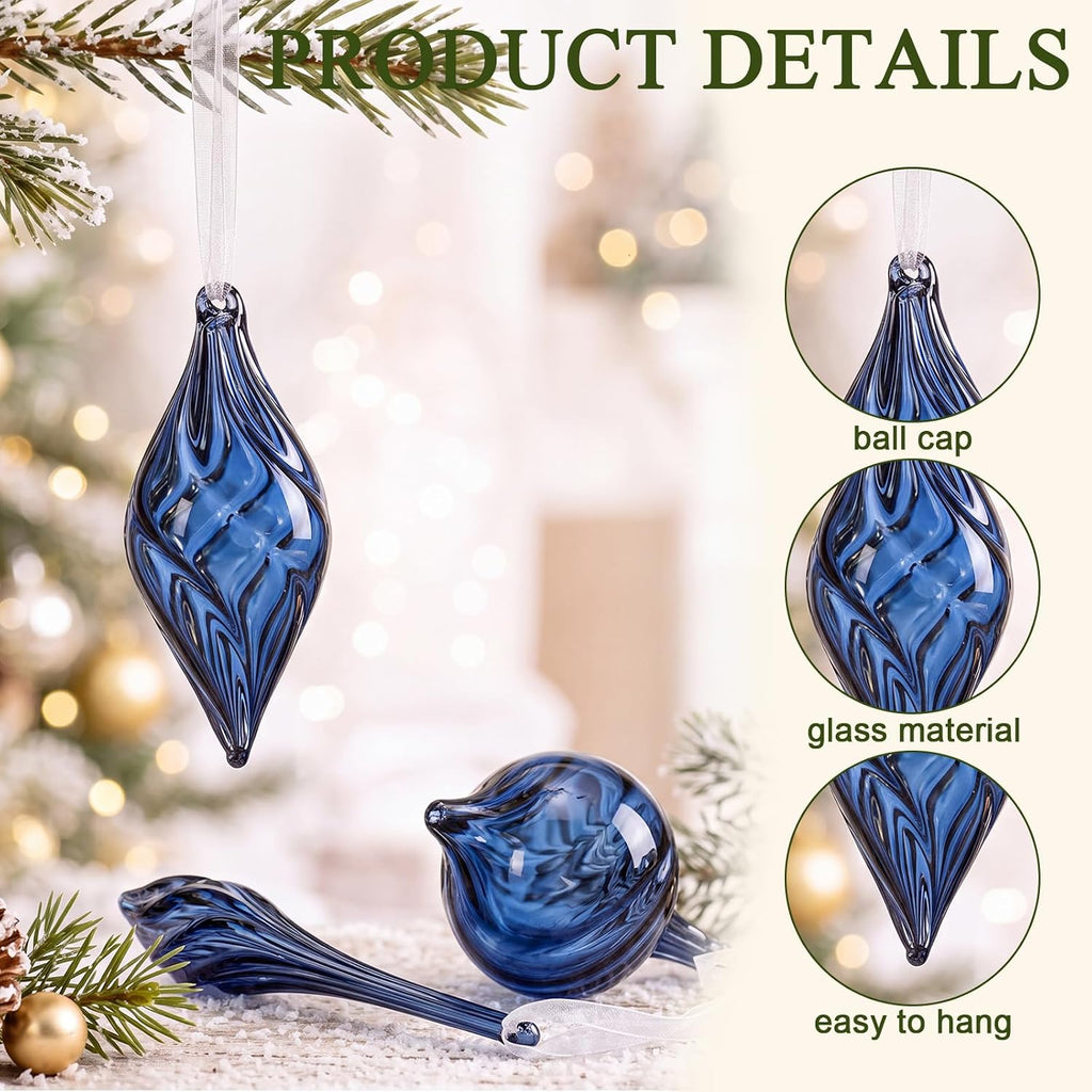 12 Pcs Blue Glass Christmas Ornaments Hand Blown Tree Ornaments