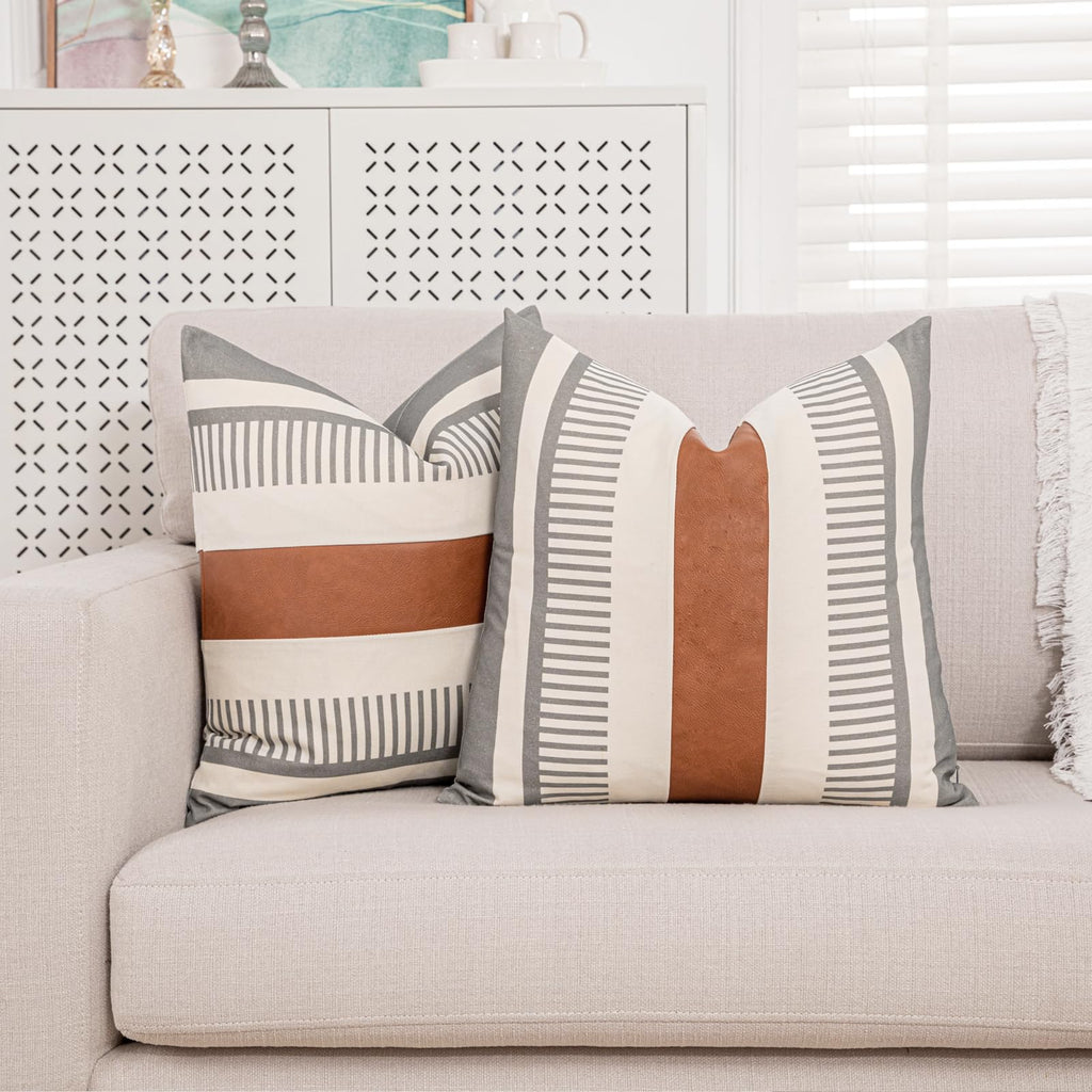 2 Pack 18x18 Inch Pillow Covers - Brown Faux Leather & Gray Stripe Print Soft Cotton Splicing, Same Pattern Both