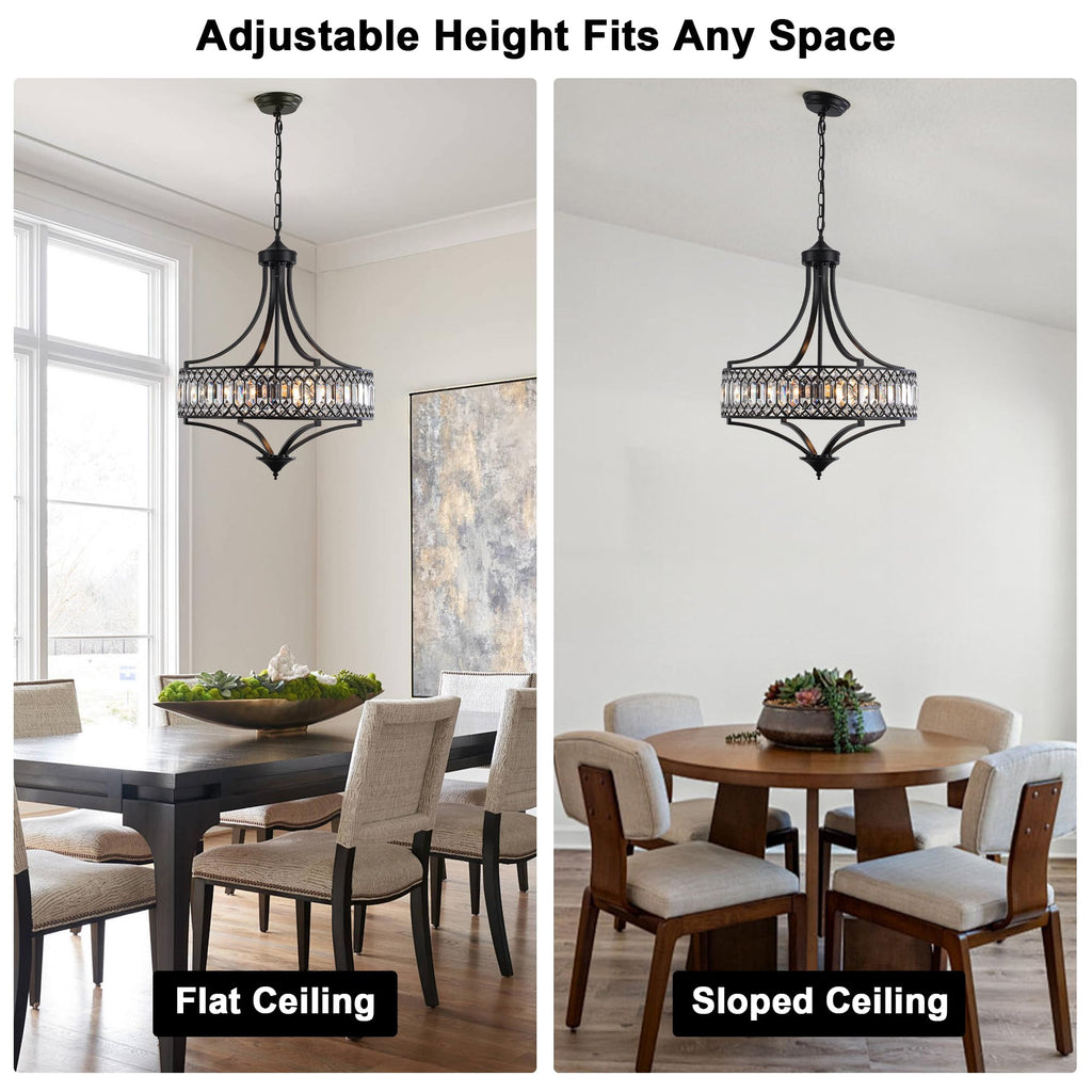 20" Black Crystal Chandeliers, 5-Light Modern Farmhouse Round Crystal Chandelier Light Fixture, Adjustable Height