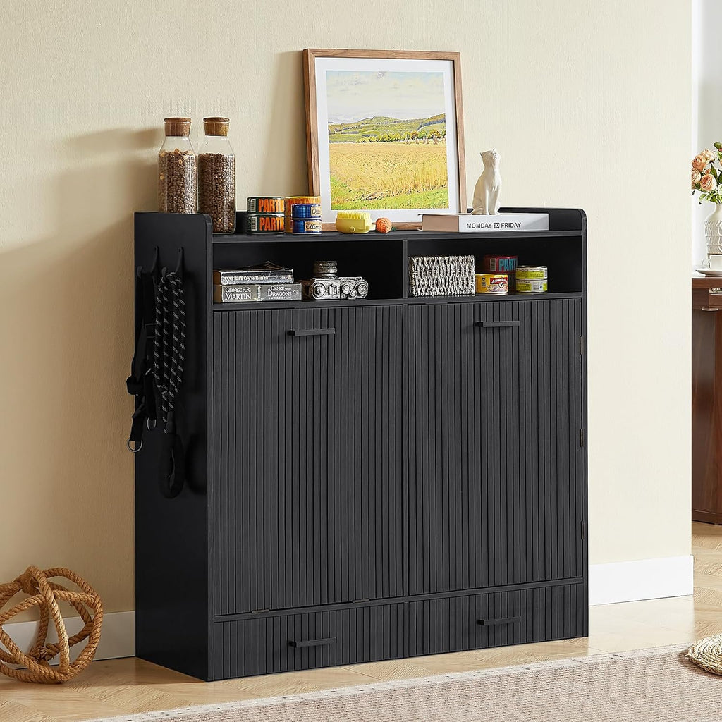 Tilt-Out Trash Can Cabinet with Storage, Dog Feeding Station, Black