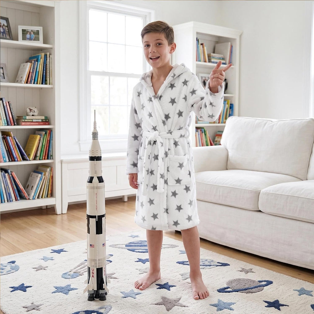 Boys Fleece Hooded Robe, Soft Print Bathrobe Kids 5-14(Gray Stars9-10)