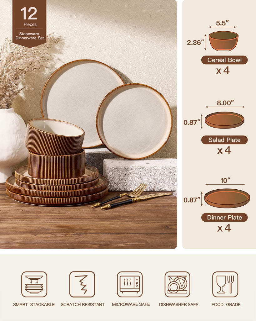 Dinnerware Set for 4, Reactive Glaze Plates and Bowls Sets