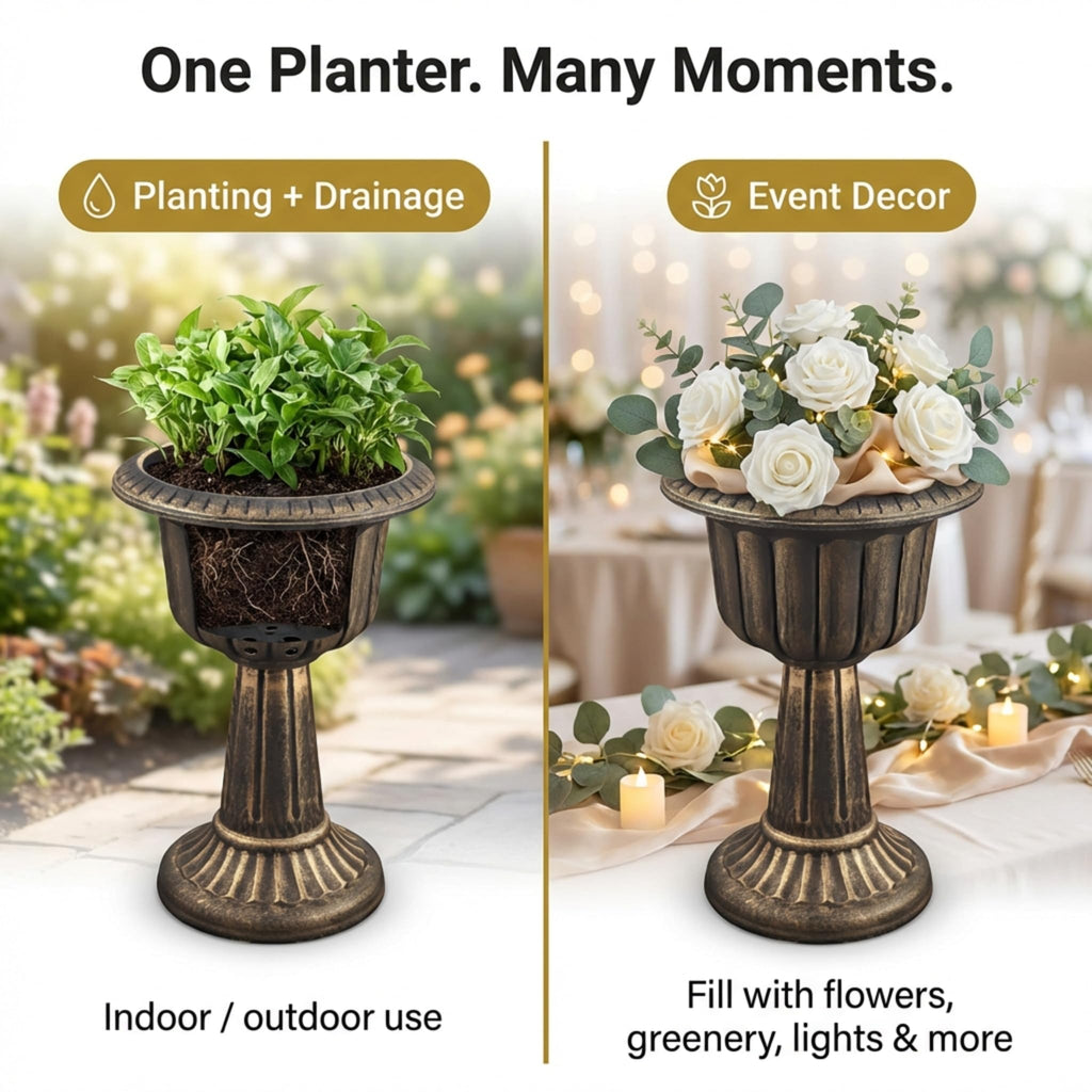 Small Gold Plastic Pedestal Planter, 23 Inches High, Garden Decor, Wedding Decor
