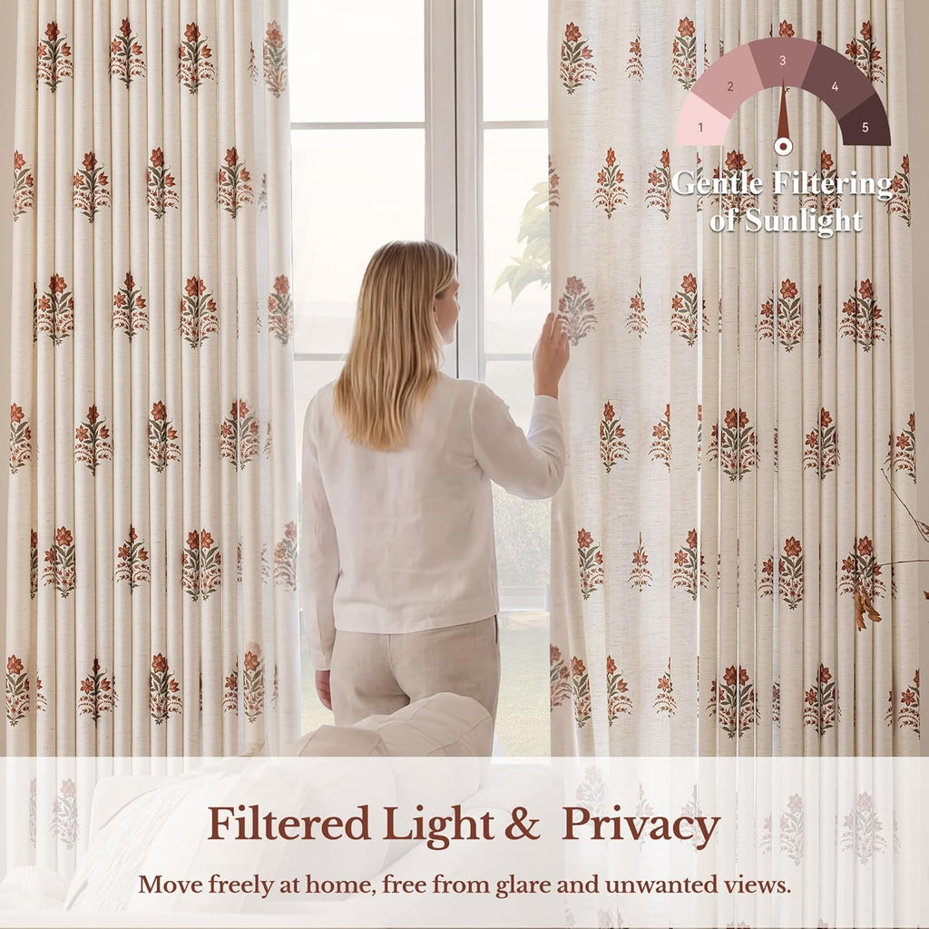 Pinch Pleated Curtains for Living Room: Light Filtering Floral Curtains 95" White Brown Linen Blend Drapes for