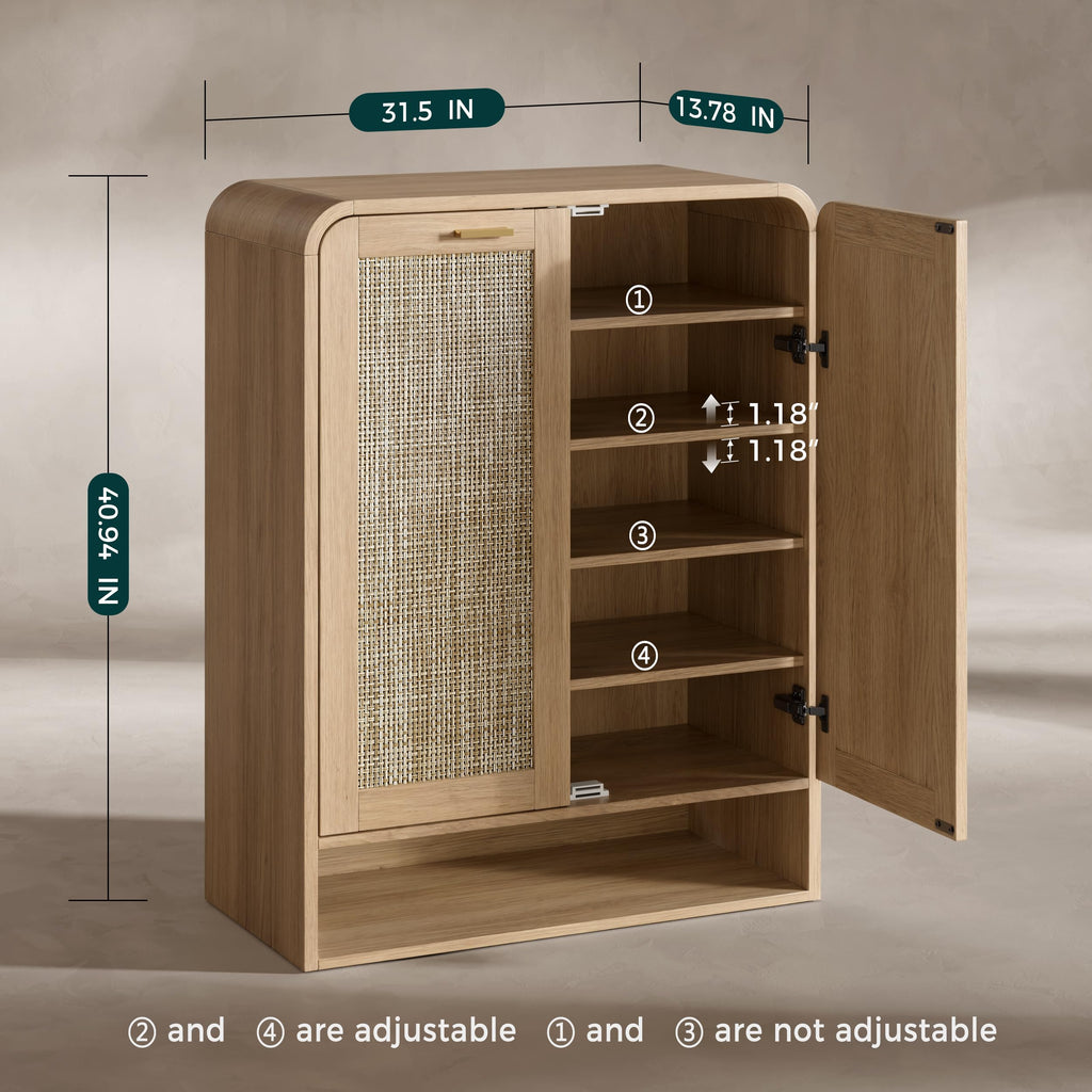 41 Inch Rattan Shoe Storage Cabinet Holds 24 Pairs, Natural Oak